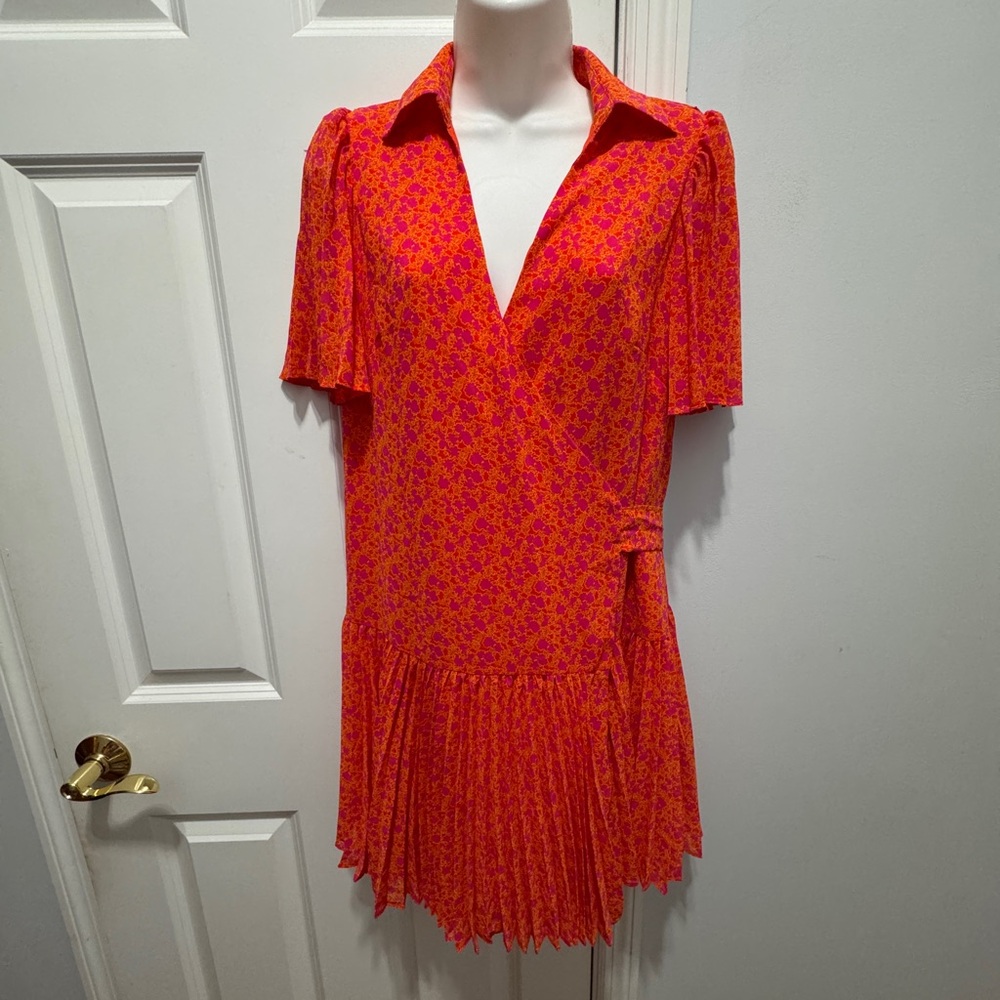 Alexis Orange and Pink Pleated wrap Mini Sundress size XS
